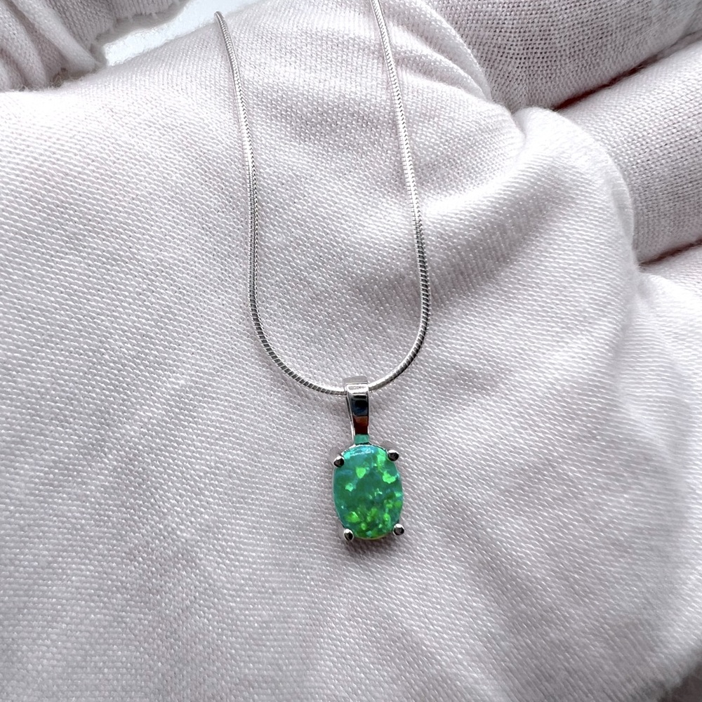 Sterling Silver Green Lab Oval Opal Necklace